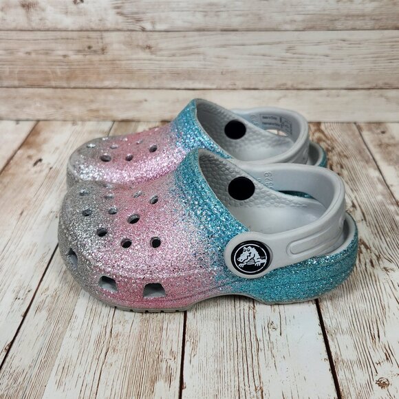 CROCS Toddler Baby 6C 6 Ombre Blue Pink Silver Glitter Slip On Clog Sandal Shoes - Picture 4 of 9